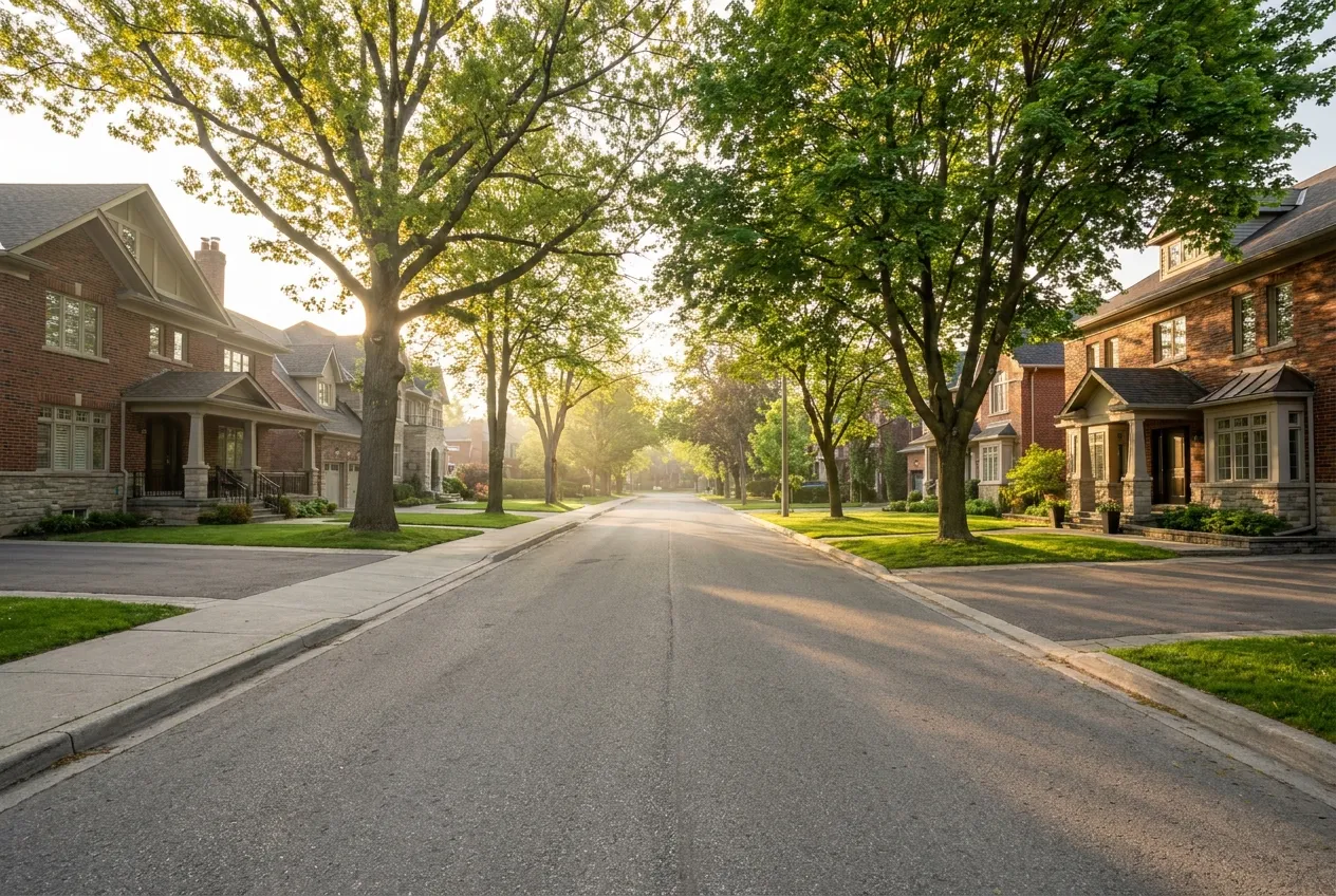 A tree-lined residential street of upscale Richmond Hill homes