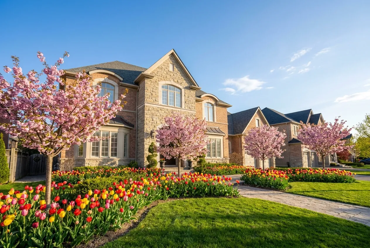 A Richmond Hill home in spring with a blooming front garden