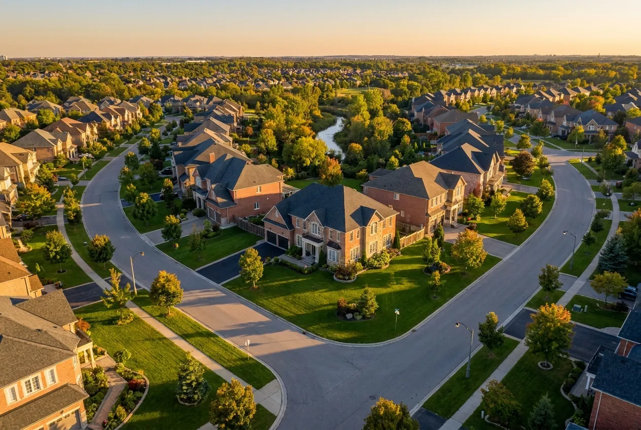 Aerial view of an affluent Richmond Hill neighbourhood of detached homes