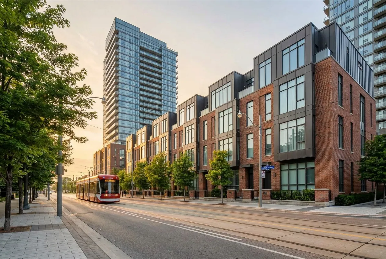 Modern townhomes and a condo tower along the Yonge corridor in Richvale, Richmond Hill